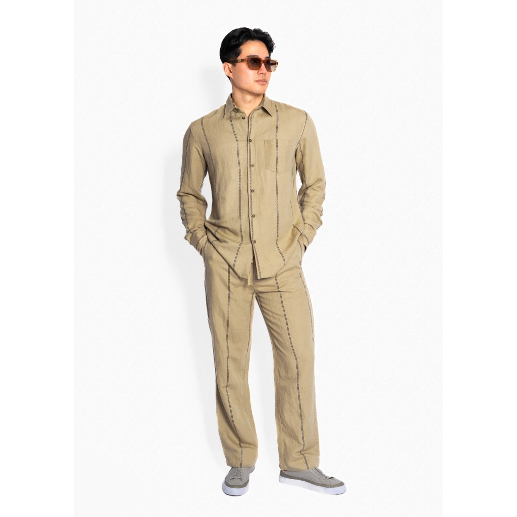 Hést Men VICO Linen Elastic Waist Trousers Woven Pants/Shorts 6504 Beige Trenchcoat